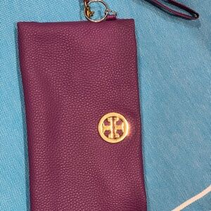 Tory Burch Plum Wristlet with Gold Emblem